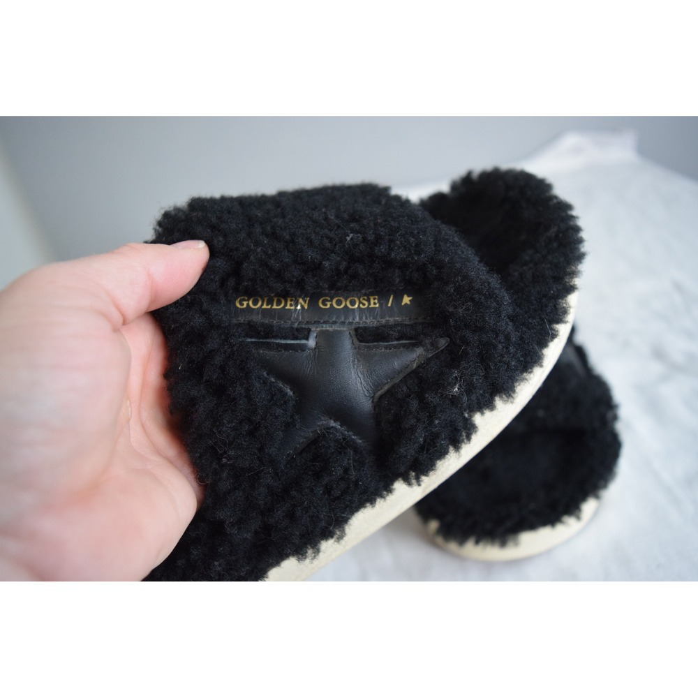 Golden Goose Poolstar Shearling Slides 9.5? Black Leather Star Men Sandals Italy - Picture 2 of 9